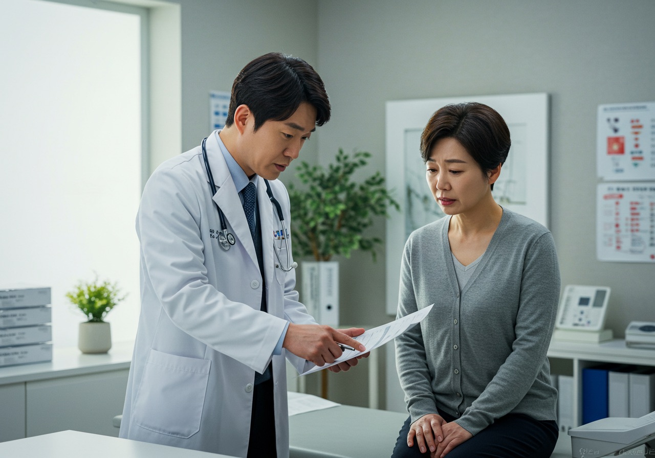 흰 가운을 입은 한국인 의사가 40대 한국인 환자에게 검사 결과를 설명하는 실제 사진. 밝고 현대적인 병원 배경. 의사는 차트나 화면을 가리키며 요점을 강조한다.
