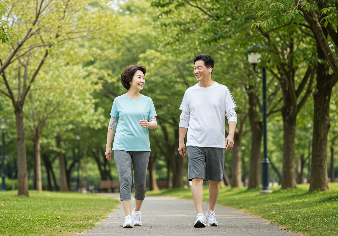 공원에서 걷고 서로에게 미소짓는 50대 한국인 부부의 실제 사진. 편안한 운동복을 입고 건강 검진을 받은 후 건강한 생활 방식을 즐기는 것처럼 보인다.